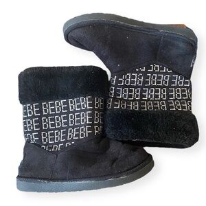 Bebe Black Rhinestone Boots Faux Fur Lined Girl’s Size 1 Winter Shoes